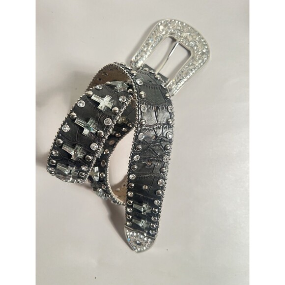 Western Rhinestone SM Bling Belt Crosses Black  Rhinestone Buckle 29 Crosses